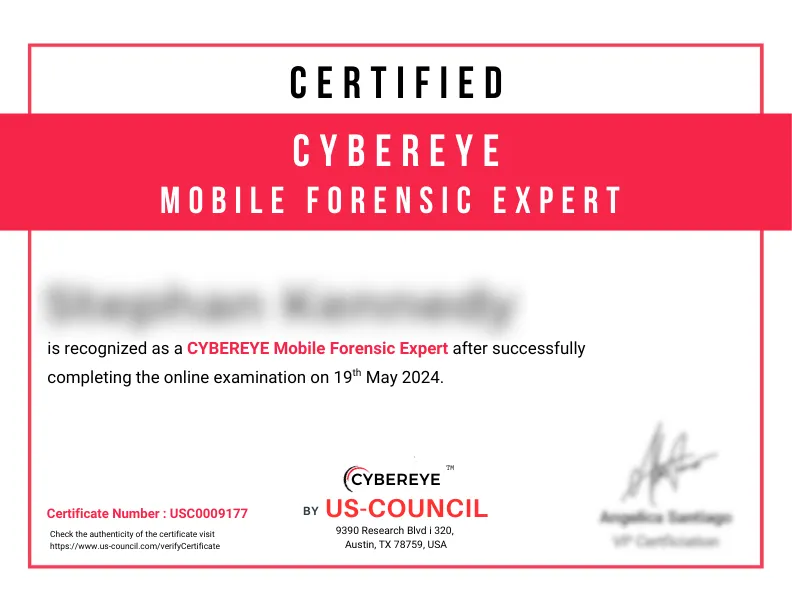 Mobile Forensic Expert Sample certificate